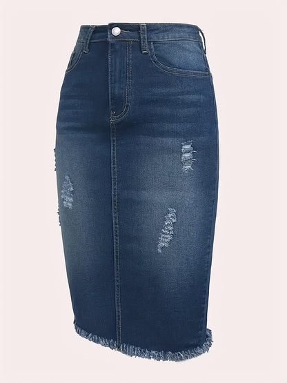Vintage High-Waisted Denim Midi Skirt with a Raw Hem - Stretchy, Machine Washable, And Perfect for Casual Wear in Spring, Summer, And Fall. Features a Distressed Look And Non-Transparent Fabric.