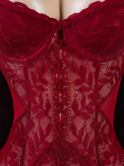 Women's Sexy Red Lingerie Set - Lace Corset with Front Zipper, Thong, Garter Belt & Stockings - Elegant Lingerie Outfit for Adults, Adult Lingerie Set | Elegant Lingerie | Lace Corset,Valentine's Day Gift