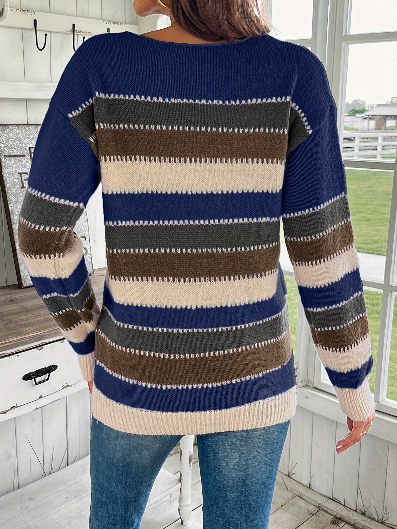 Women's Casual Striped Pullover Sweater - Soft Crew Neck Long Sleeve, Brown/Beige/Red/White Horizontal Stripes, All-Season Comfort, Regular Fit for Casual Attire, Durable Comfort Wear