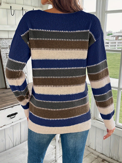 Women's Casual Striped Pullover Sweater - Soft Crew Neck Long Sleeve, Brown/Beige/Red/White Horizontal Stripes, All-Season Comfort, Regular Fit for Casual Attire, Durable Comfort Wear