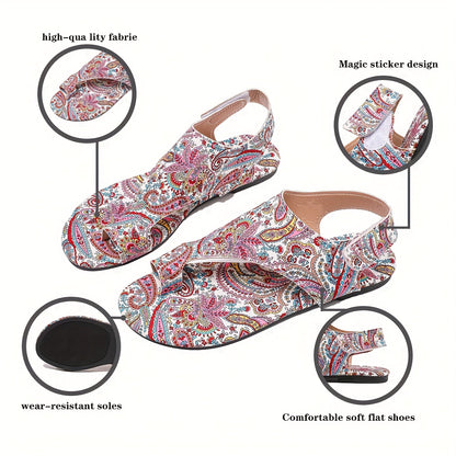 Women's Summer New Vintage Bohemian Style Beach Sandals, Toe-Grip Design Flat Sandals, Paisley Print Sandals, Women Shoes