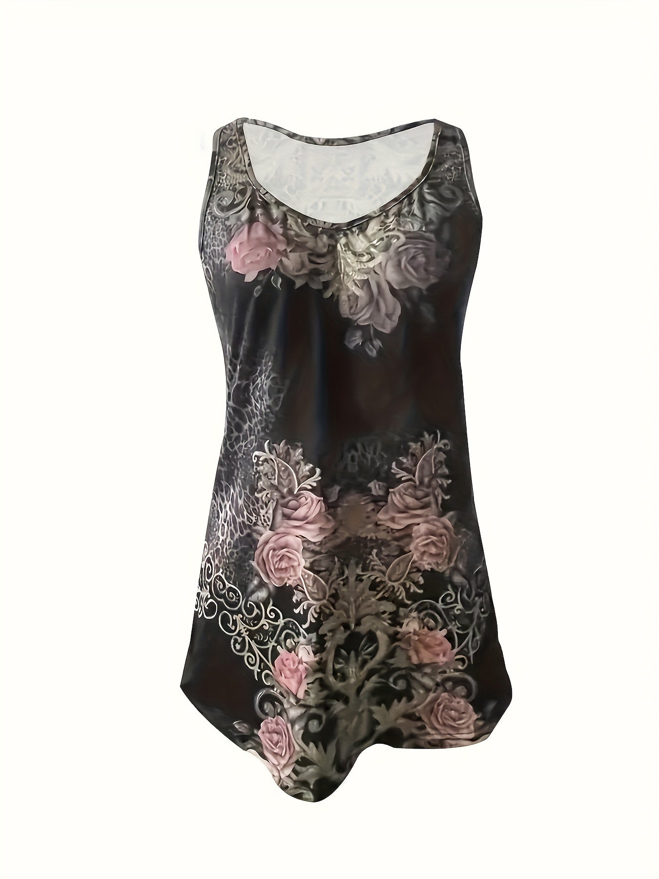 [Floral Print Vest] Floral Black Print Sleeveless Vest - Summer Casual Fashion Tops