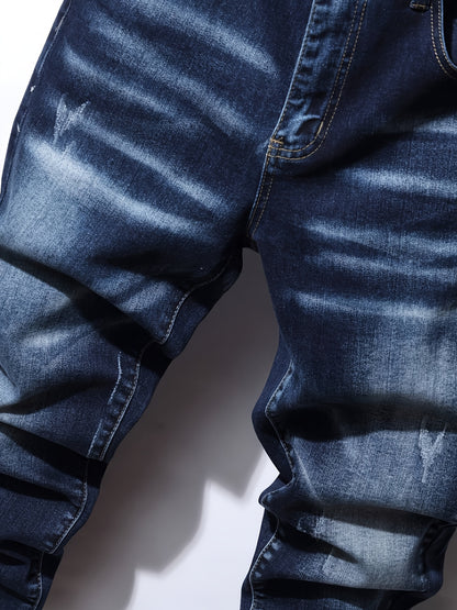 [HME] New Men's Casual Denim Pants for Autumn, Mid-waist Stretch Slim Straight Leg, Retro Washed And Brushed Design, Hand-brushed Cat Beard Pattern, Classic Five-pocket Style, Essential for Daily Casual Wear, Men's Plus-size Jeans, PLUS SIZE