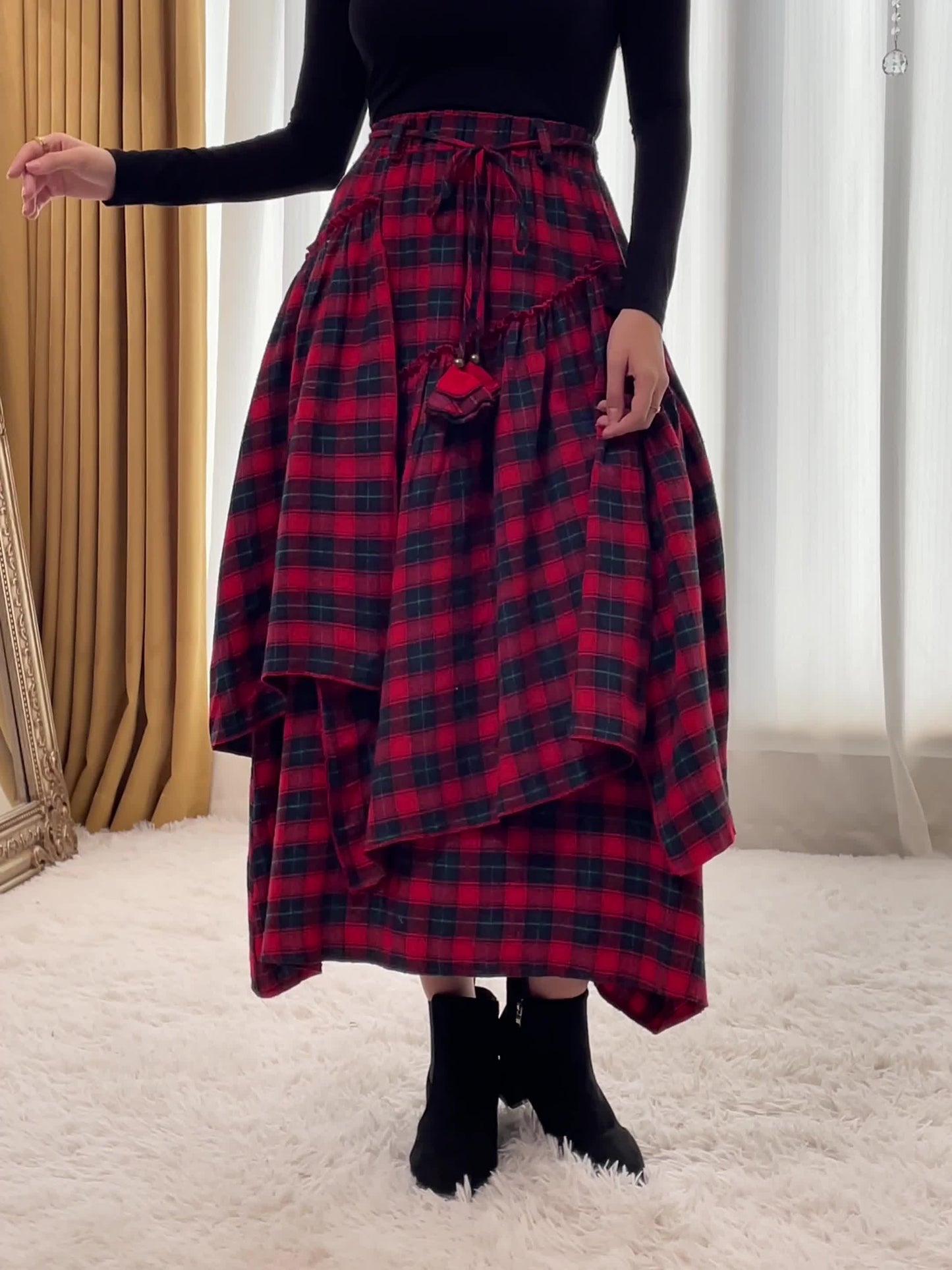 Victorian Gothic Handmade Fringe Plaid Skirt 2025 | Asymmetric Ruffle High-Waist Beach Skirt | Elastic Waist Multi-Layer Vacation Dress | Spring Summer Sweet Style Ladies Gift