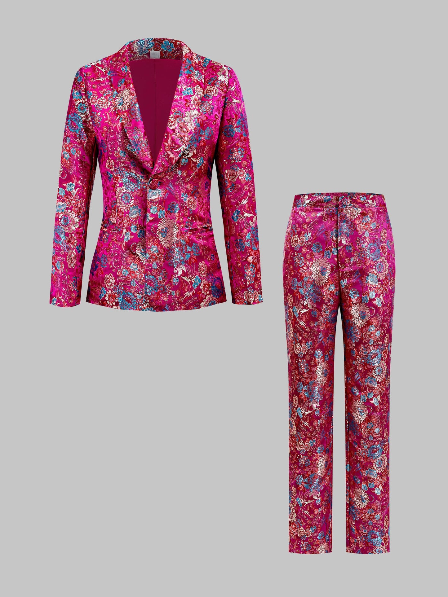 Glouri Hot Pink Floral Jacquard Suit Set - Women'S Long Sleeves Satin Blazer And Straight Leg Pants | Formal Wedding Guest Outfit for Red Carpet Events/Black (Two-Piece And Pocket Details)