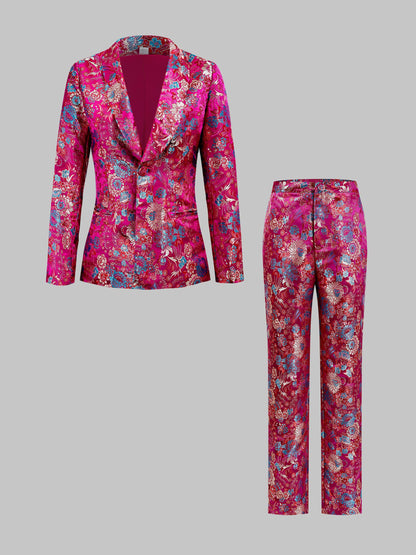 Glouri Hot Pink Floral Jacquard Suit Set - Women'S Long Sleeves Satin Blazer And Straight Leg Pants | Formal Wedding Guest Outfit for Red Carpet Events/Black (Two-Piece And Pocket Details)