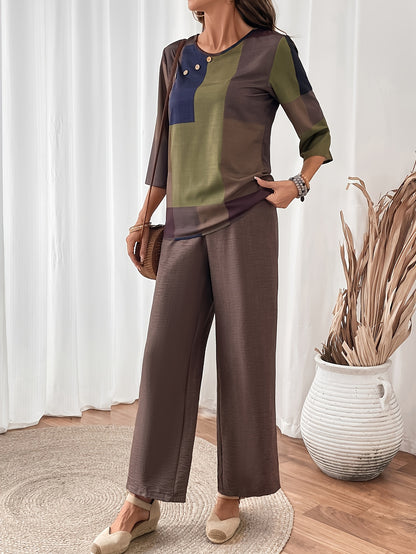 Elegant Women's Two-Piece Set - Round Neck Top And Wide Leg Pants with Checkered Patchwork Print, Polyester Material, Simple And Casual, Soft And Skin-Friendly, Perfect for Spring And Summer