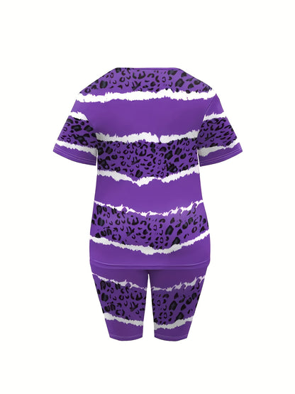 Plus Size - Ladies' Casual Leopard Short-sleeved T-shirt And Shorts Suit, With Pockets, Medium Elastic Fabric, Daily Casual Striped Suit.