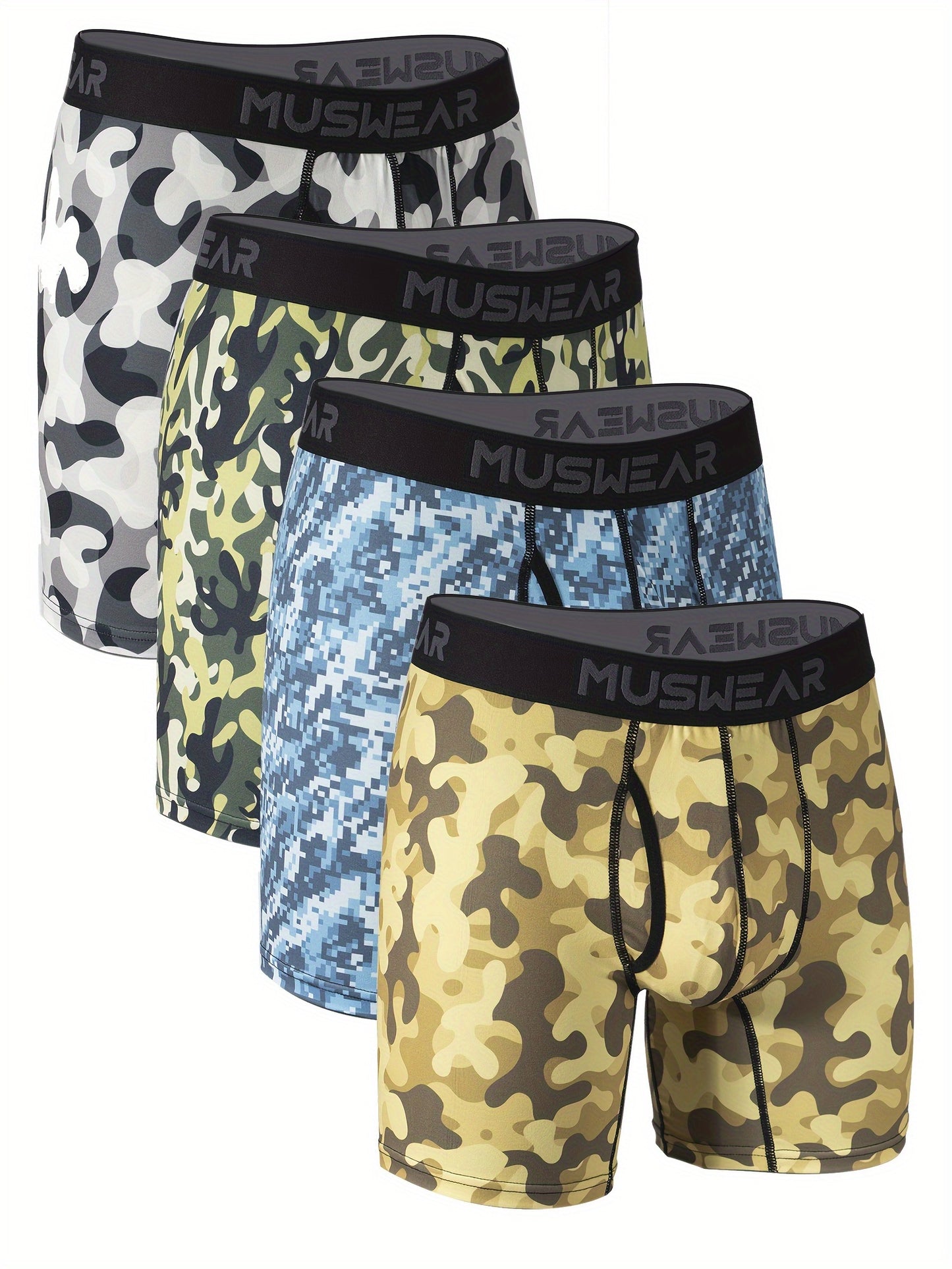 4pcs MUSWEAR Men's Camouflage Boxer Briefs - Moisture-Wicking Quick-Dry Underwear, Stretchy Mid-Elasticity Fabric, Side-Opening Long Length with Multi-Color Camo Print for Outdoor & Casual Wear, Sports Undergarments, Trendy Underwear, Durable Undergarment