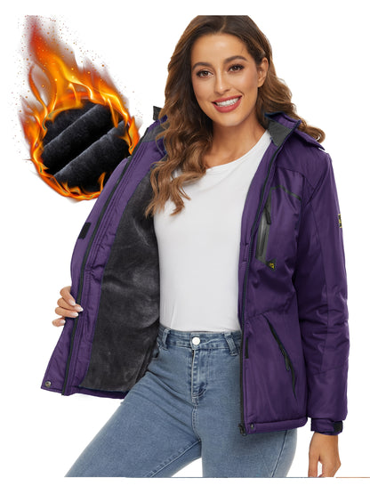 Women'S Warm Ski Jackets Winter Windproof Thermal Fleece Lined Coats Outdoor Detachable Hooded Heavy Weight Thick Jacket Camping Climbing Traveling Snowboard Windbreaker