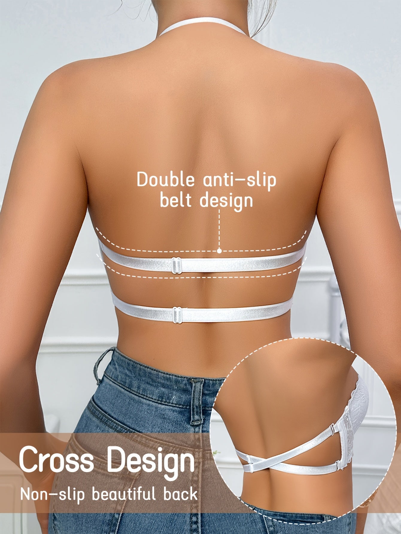 Summer Women's Sexy Lace Half-Cup Shoulderless Bra - Back Support, Back Cross Straps Create Beautiful Back Lines, Silicone Invisible Bra, Non-detachable Cups - Shipped From Local Warehouse