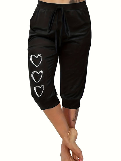 3pcs Women's Plus Size Capri Pants with Heart Print, Minimalist Casual Fit, Very Comfortable Loungewear