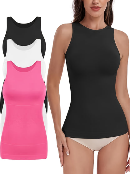 3pcs-Women's Spring And Summer New High-necked Sleeveless Waist And Abdomen Casual Vest, Comfortable And Breathable Fabric, Suitable for Daily Casual Wear, Shopping, Attending Parties, Parties, Dating, All Seasons