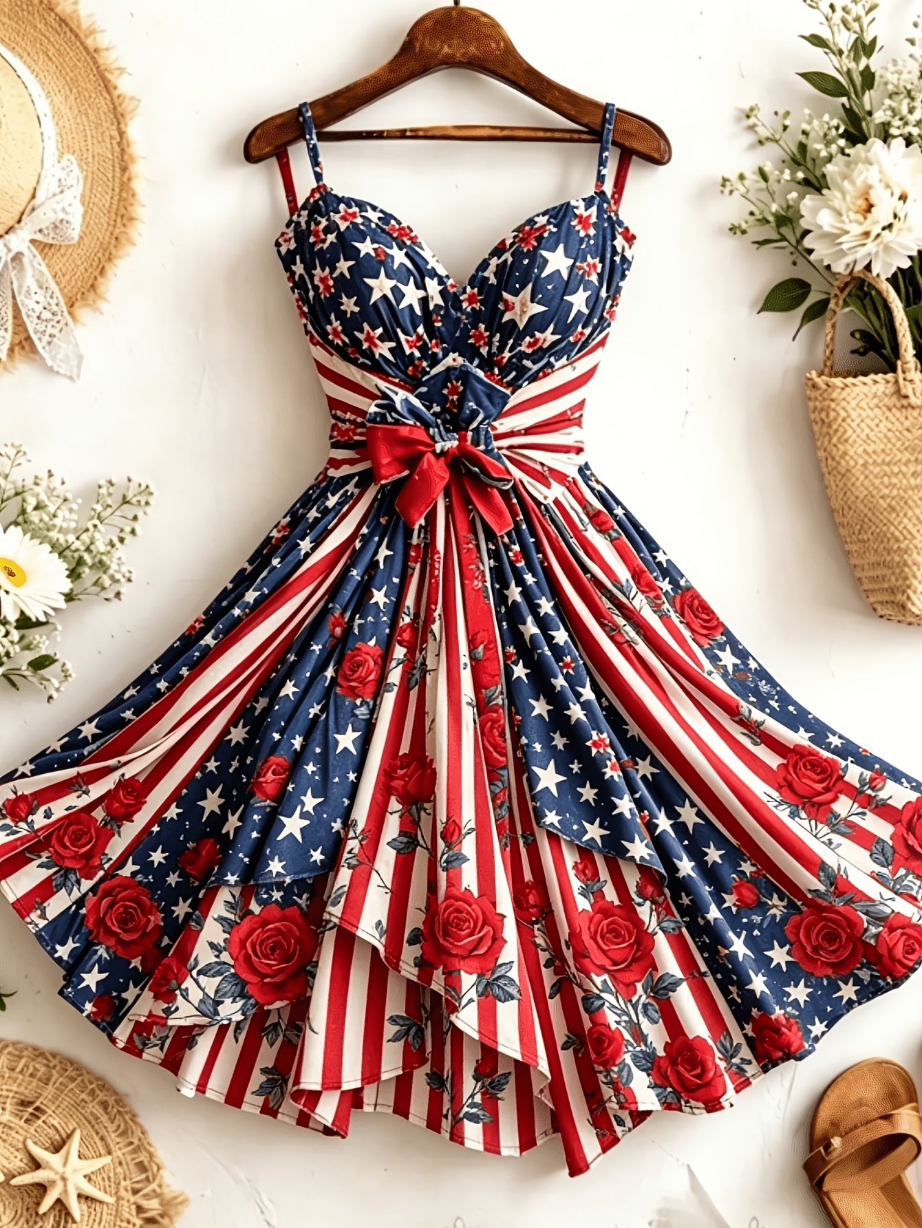 [Independence Day Style] Women's Retro Independence Day Style Camisole V-Neck Padded A-Line Waist Belted Fashion Dress