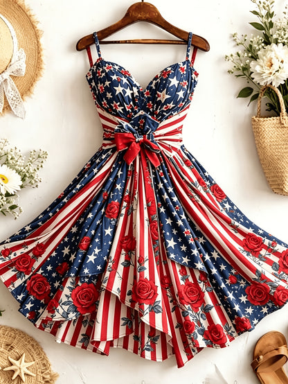 [Independence Day Style] Women's Retro Independence Day Style Camisole V-Neck Padded A-Line Waist Belted Fashion Dress