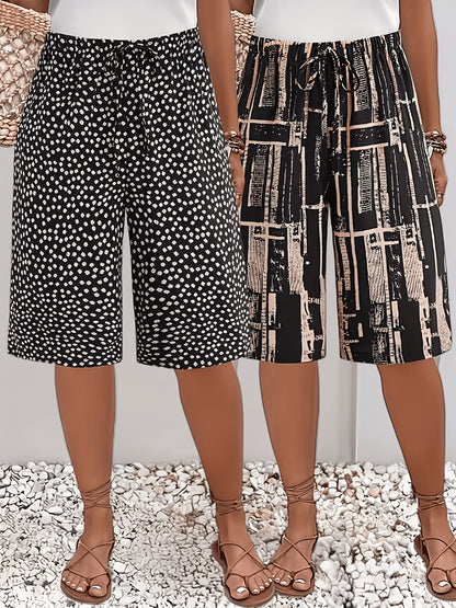 2pcs Women'S Casual Shorts Set - Black & White Abstract Print, Drawstring Waist, Lightweight, Perfect for Beach & Summer Outings, Summer Casual Wear|Abstract Print Shorts|Lightweight Shorts