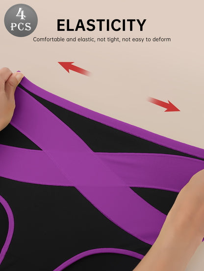 4pcs Women's High-Waisted Tummy Underwear - Shaping Panties with Cross Waistband, Breathable Mesh Wrap-Around Belly, Polyester-Spandex Blend Suitable for Home Daily Wear, Elegant Color-Blocking Shaping Panties