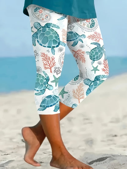 Plus Size, Women's Plus Size Turtle Print Capri Pants - High-Waisted, Stretchy Polyester, Vibrant Ocean Life Design, Elegant & Comfortable for Beach or Casual Attir