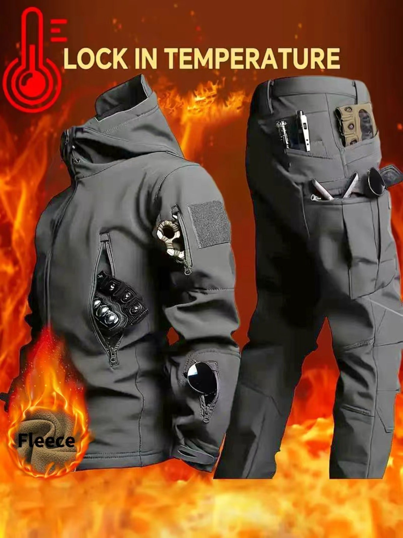 Men'S New Thickened Two-Piece Windproof Jacket And Hoodie Designed for Autumn And Winter, Featuring Multiple Pockets, Elastic Materials, And Warmth, Ideal for Hiking, Skiing, Fishing, And Outdoor Sports. Tactical Style with Breathable Fabrics