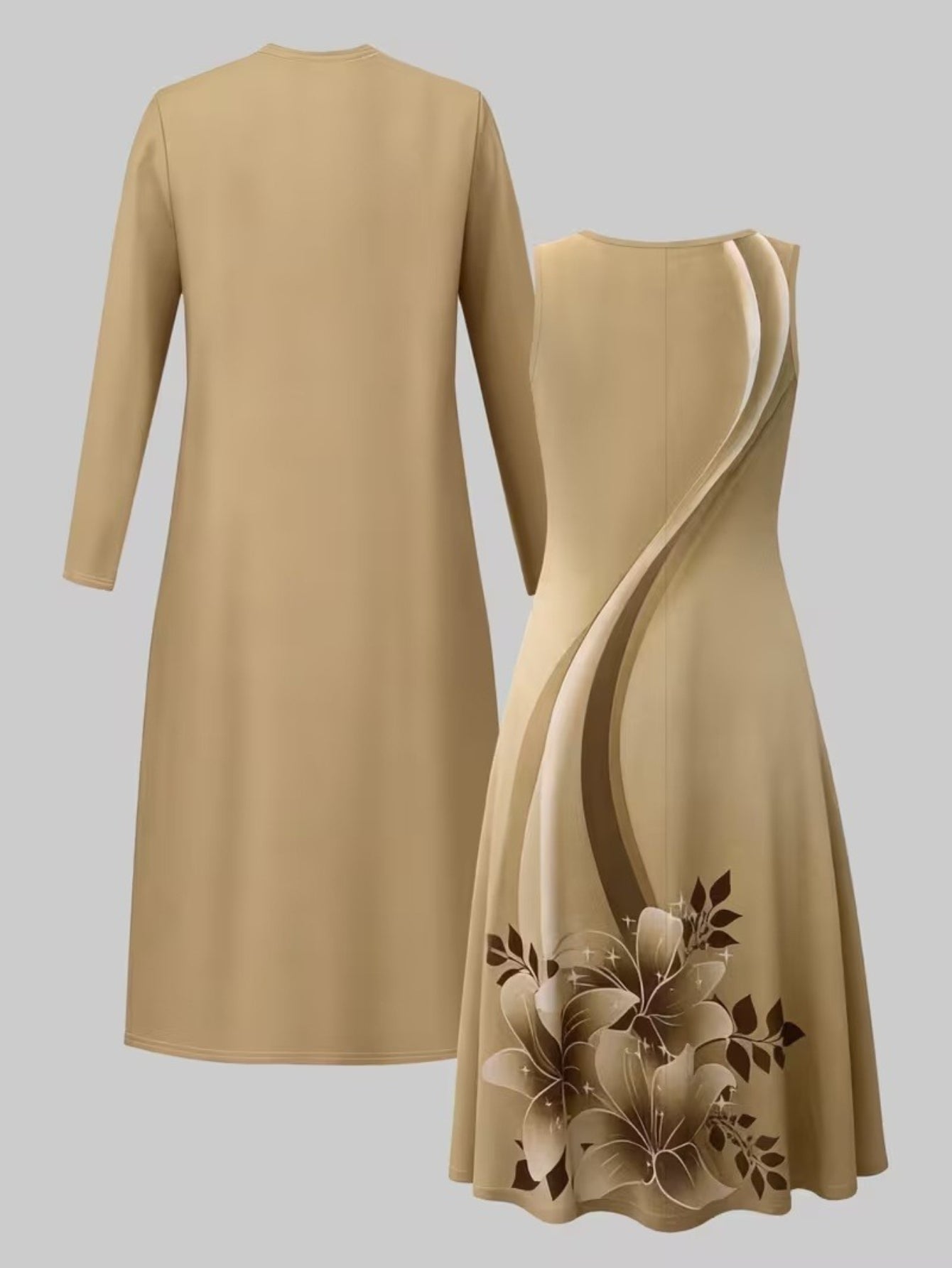 2pcss Set, Vest Style Dress+Long Sleeved Jacket Cardigan, Women'S Fashionable Dress Set, Floral Print Dress Cardigan Top Paired with Waist Cinching Long Skirt 2pcss Set, Elegant Temperament, Suitable for Wearing on The Street