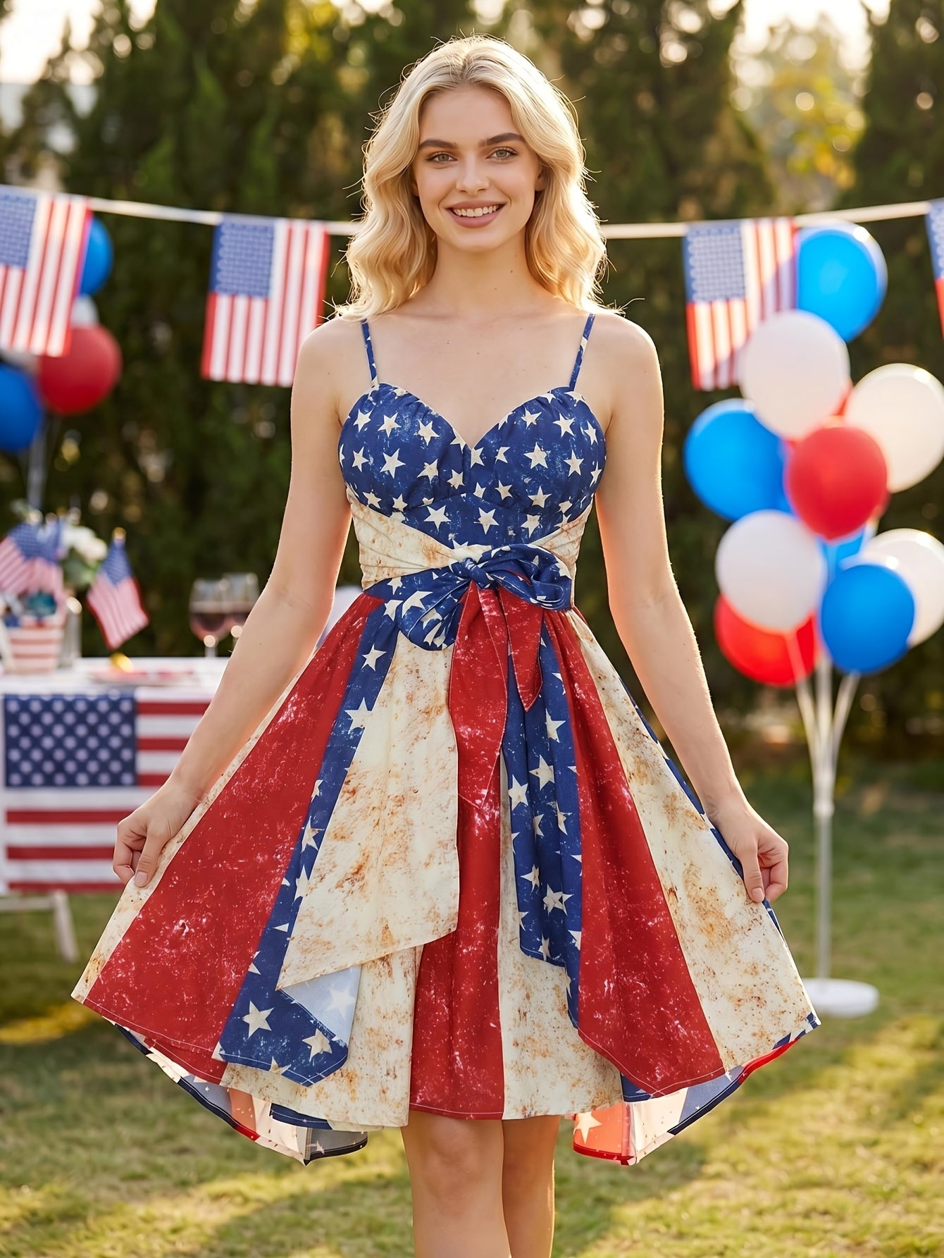 [Independence Day Style] Women's Retro Independence Day Style Camisole V-Neck Padded A-Line Waist Belted Fashion Dress