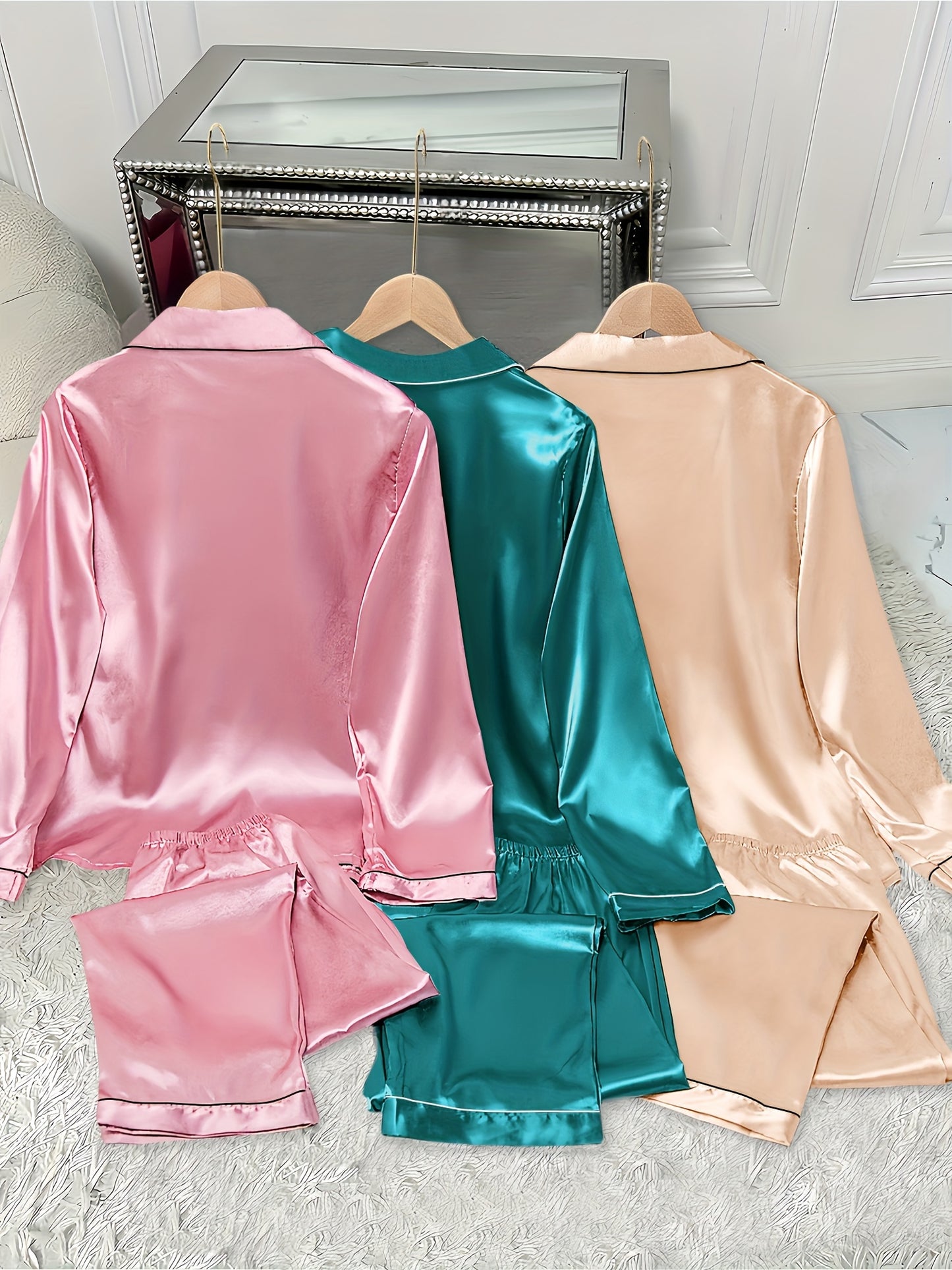 3pcs Women'S Satin Pajama Set - Casual Solid Color Long Sleeve Shirt & Elastic Waist Pants, Lapel Collar, Button Detail, Fall/Winter Sleepwear