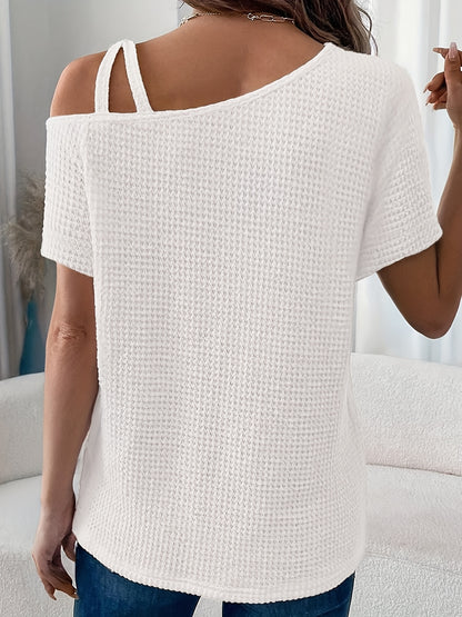 Women'S Summer Off Shoulder Waffle Short Sleeve T-Shirt Solid Color Top