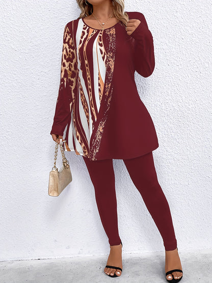 Plus Size, Plus Size 2pcs Outfits for Women Leopard Print Long Sleeve Tunic Top And High Waist Leggings Women Casual Loungewear Matching Set for Daily Wear