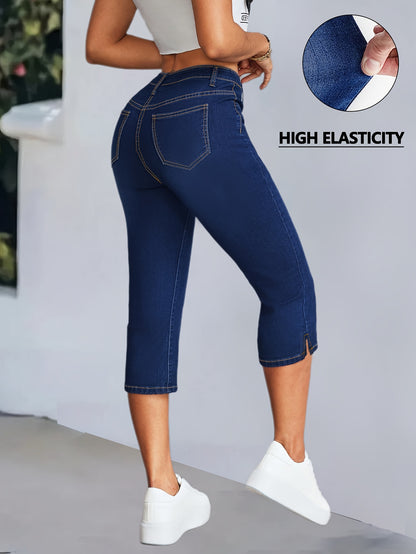 Women'S High-Waisted Mid-Rise Stretch Denim Capri Pants - Elegant Slim Fit with Button Closure, Ripped Detail, and Flared Hem, Light Blue, Spring/Summer Casual Wear, High Waisted Leggings, Spring Summer Apparel, Fashionforward Design