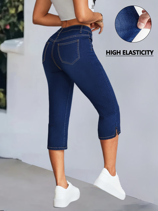 Women'S High-Waisted Mid-Rise Stretch Denim Capri Pants - Elegant Slim Fit with Button Closure, Ripped Detail, and Flared Hem, Light Blue, Spring/Summer Casual Wear, High Waisted Leggings, Spring Summer Apparel, Fashionforward Design
