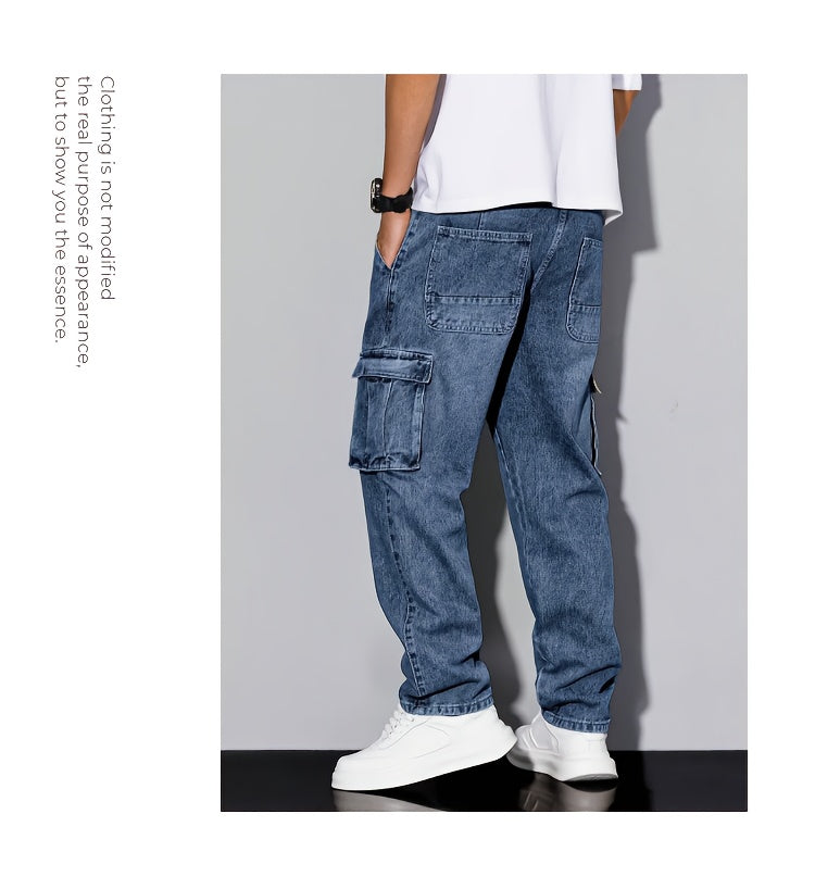 [Hme]Men'S Workwear Casual Loose Short Straight-Leg Jeans, Elastic Denim for Comfort And Relaxation, Heavy-Duty Washed Classic Western Denim in Retro Blue, Designer Multi-Pocket, Suitable for All Seasons, Machine Washable, Built-In YKK5 Zipper