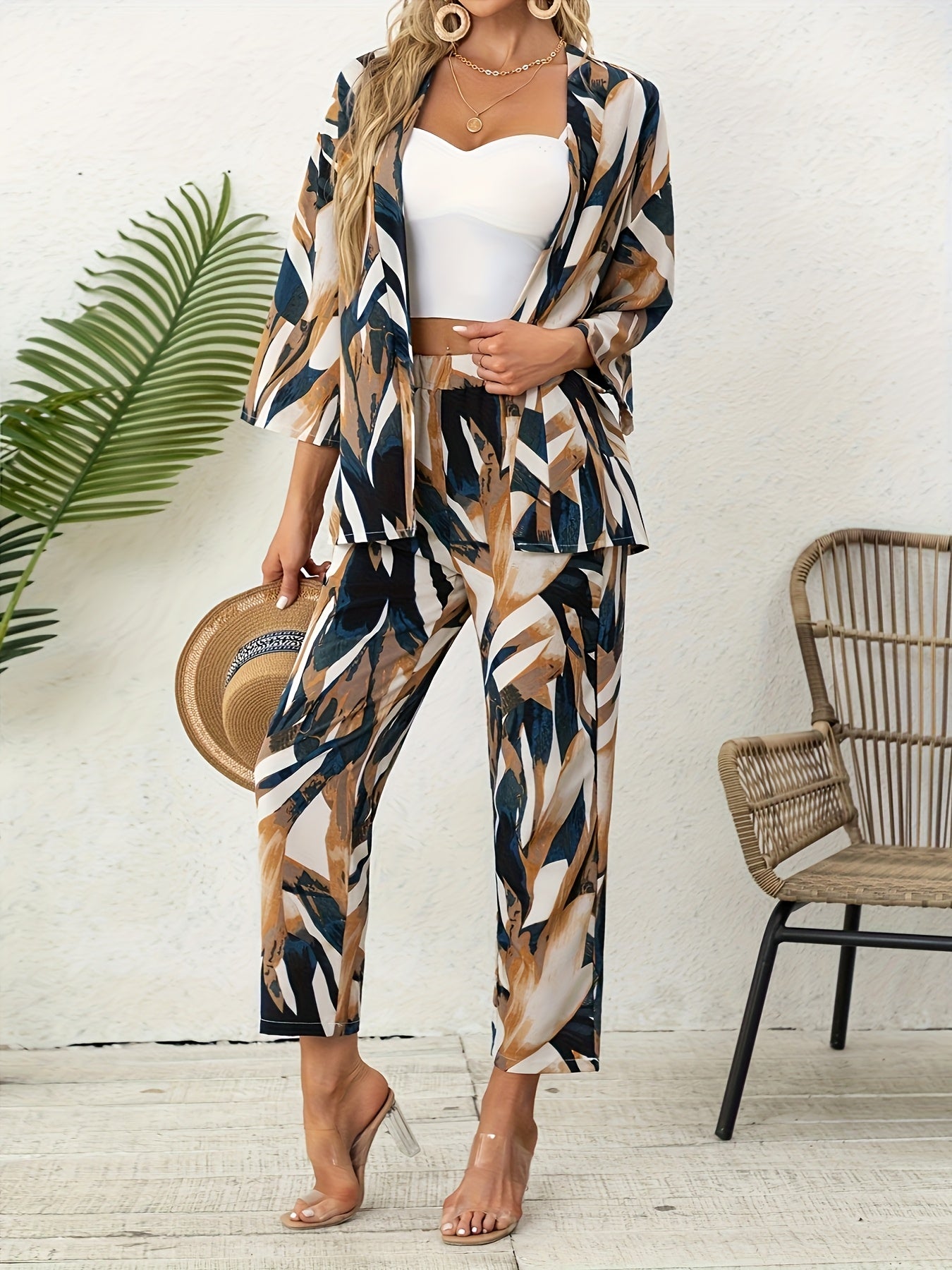 [ Cloud Orientation ] Women'S Elegant Leaf Print Two Piece Set