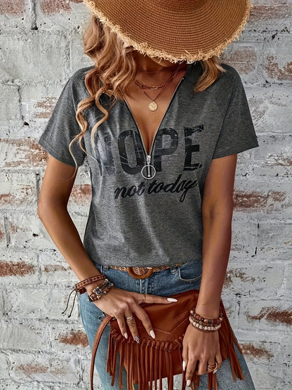 Elegant V-Neck T-Shirt with Zip Detail - Soft, Machine Washable, Letter Print Design for Women