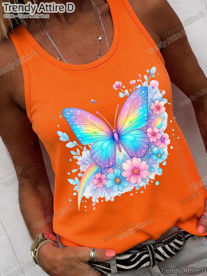 Sweet Style Round-Neck Vest, Printed Round-Neck Vest, Fashionable Design Pattern, Holiday Outfits Essential Summer Items for Women, Women'S Fashionable Summer T-Shirts