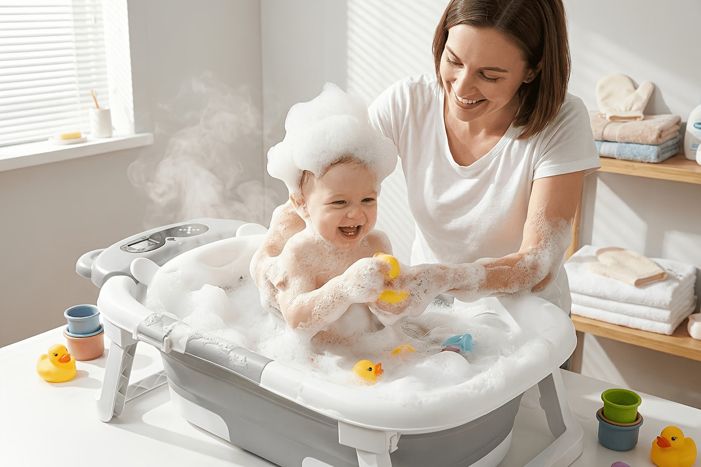 Baby Bathtub, Collapsible Bathtub For Newborn To Toddler, Durable Essential Infant Bath Tub, Portable Travel Baby Tub With Soft Cushion, No-Slip Hanging And Detachable