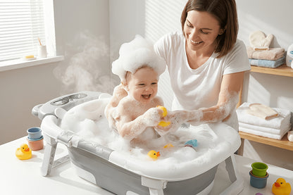 Baby Bathtub, Collapsible Bathtub For Newborn To Toddler, Durable Essential Infant Bath Tub, Portable Travel Baby Tub With Soft Cushion, No-Slip Hanging And Detachable