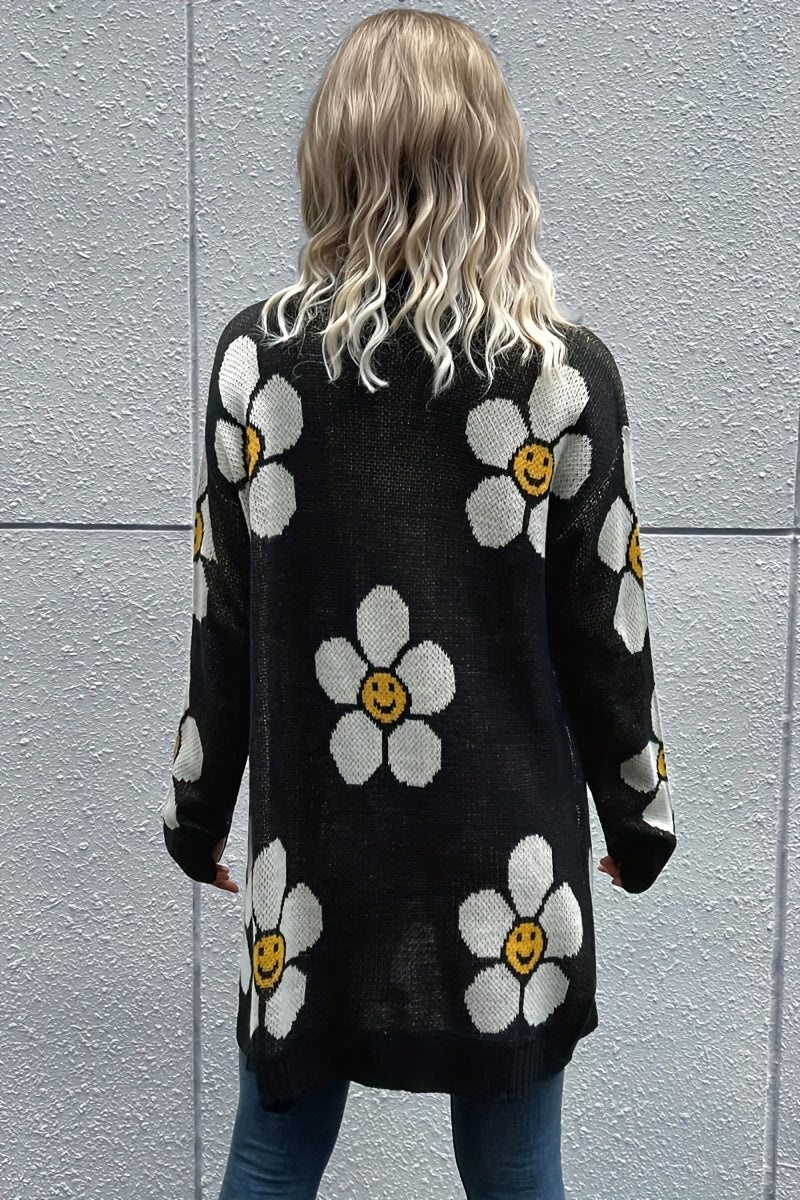 Floral Pattern Button Knit Cardigan, Casual Long Sleeve Mid Length Sweater, Women'S Clothing