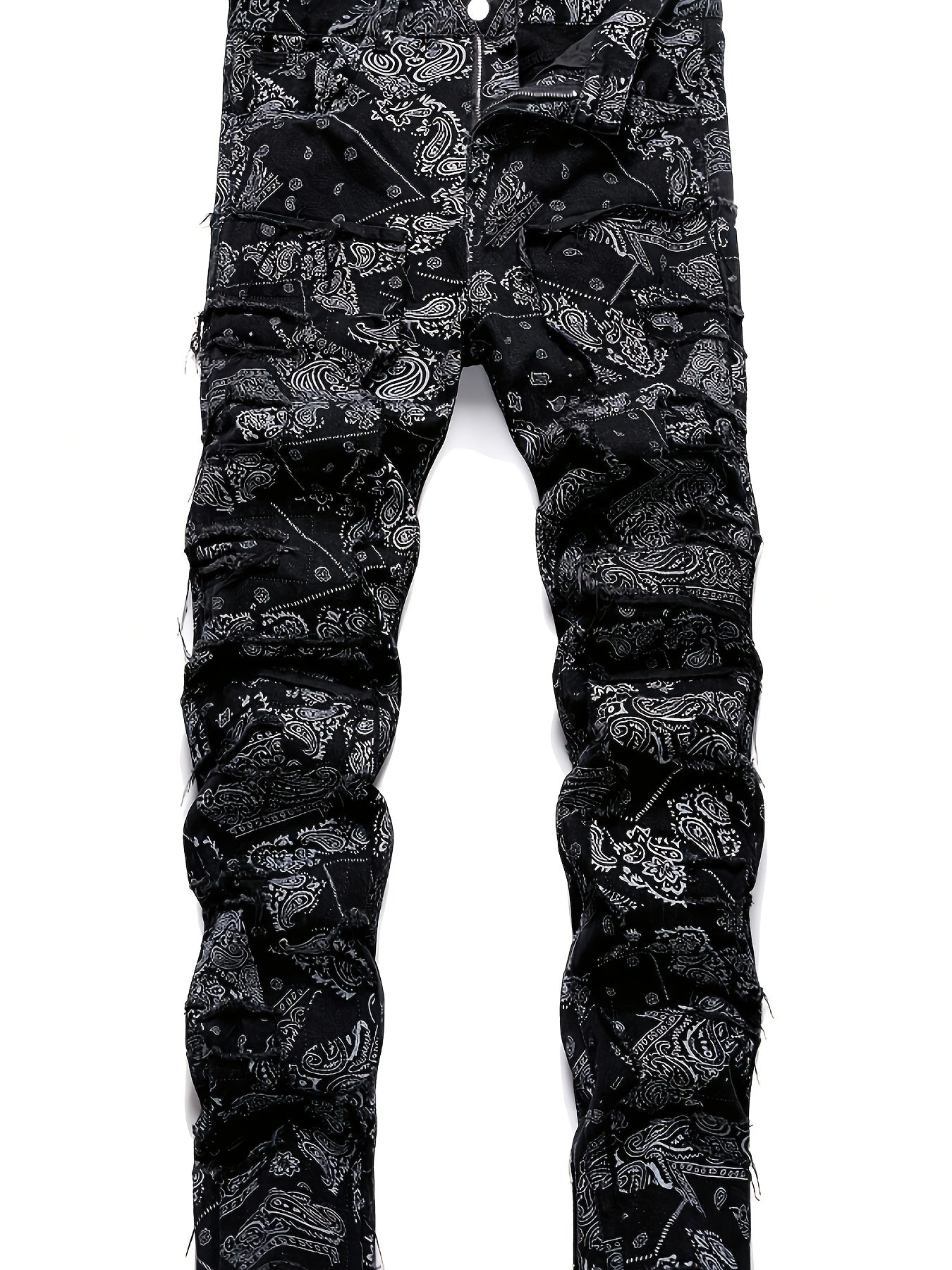 [Hme]Men'S Casual Print Jeans, Featuring a Trendy Street Hip-Hop Style, Mid-Rise Stretchy Slim Straight Cut, with Three-Dimensional Tailoring And Irregular Patch Designs. Made from Elastic Fabric That Is Machine Washable, Suitable for All Seasons