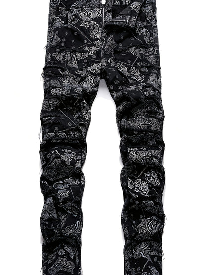 [Hme]Men'S Casual Print Jeans, Featuring a Trendy Street Hip-Hop Style, Mid-Rise Stretchy Slim Straight Cut, with Three-Dimensional Tailoring And Irregular Patch Designs. Made from Elastic Fabric That Is Machine Washable, Suitable for All Seasons