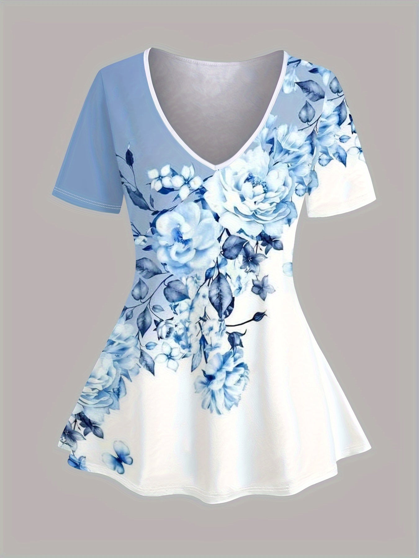 Light Blue Plus Size Color-Block Print V-Neck T-Shirt And Elastic Waist High-Waisted Seven-Quarter Pants Set