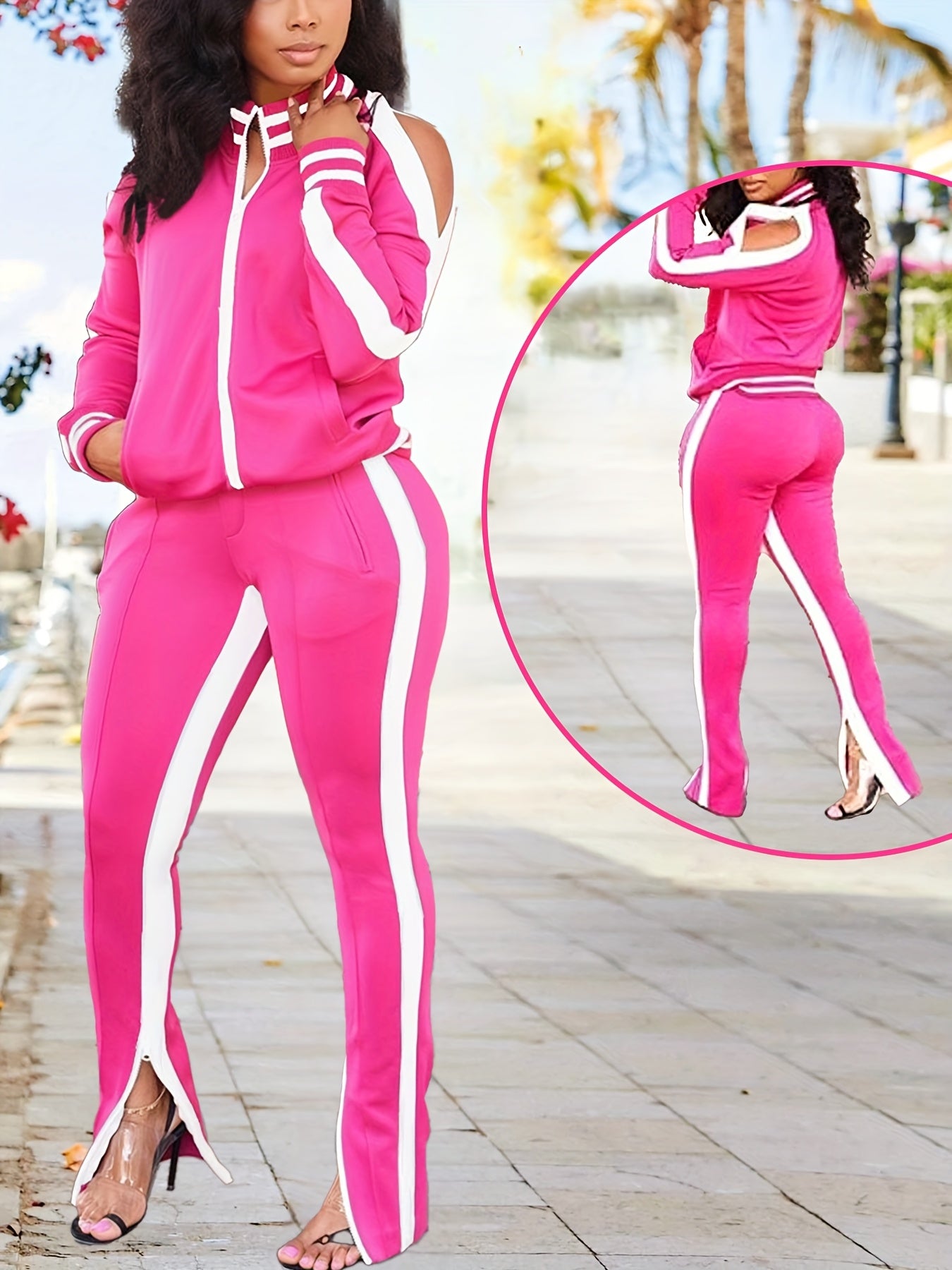 Women's 2pcs Athletic Tracksuit Set, Striped Contrast Shoulder Slit Top & Zipper Hem Sporty Pants, Activewear Lounge Set
