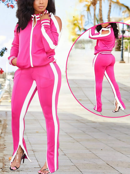 Women's 2pcs Athletic Tracksuit Set, Striped Contrast Shoulder Slit Top & Zipper Hem Sporty Pants, Activewear Lounge Set