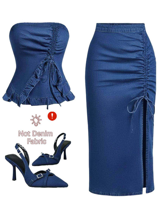 Denim-Look Halter Top with Gathered Ruffles + Drawstring Split Skirt Set for Women | Vintage-inspired Sweet-edgy Casual Pieces Perfect for Weekend Shopping, Cafe Hopping, or Strolling Through City Parks. Spring/Summer Collection. [Does Not Include Ot