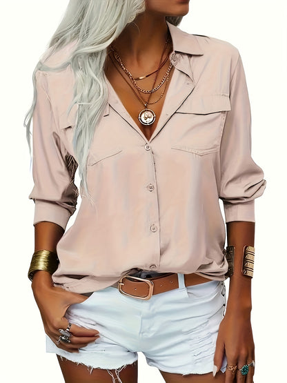 Women's Solid Color Lapel Long Sleeve Button- Shirt - Casual & Office Versatile Blouse, Machine Washable Spring/Fall Top with Classic Collar Design