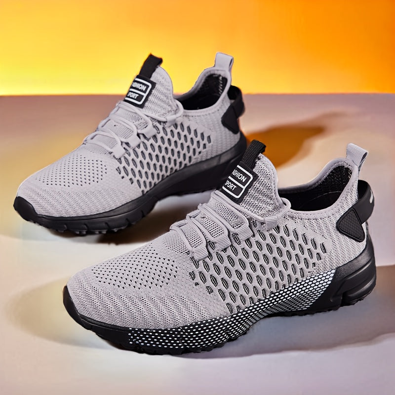 [Breathable Mesh Sneakers] Men's Breathable Mesh Sneakers - Ultra-Comfortable, Non-Slip, Geometric Print With Red Accents - Perfect For Running, Basketball, Tennis, And Casual Wear - Lightweight And Stylish For Active Men