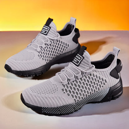 [Breathable Mesh Sneakers] Men's Breathable Mesh Sneakers - Ultra-Comfortable, Non-Slip, Geometric Print With Red Accents - Perfect For Running, Basketball, Tennis, And Casual Wear - Lightweight And Stylish For Active Men