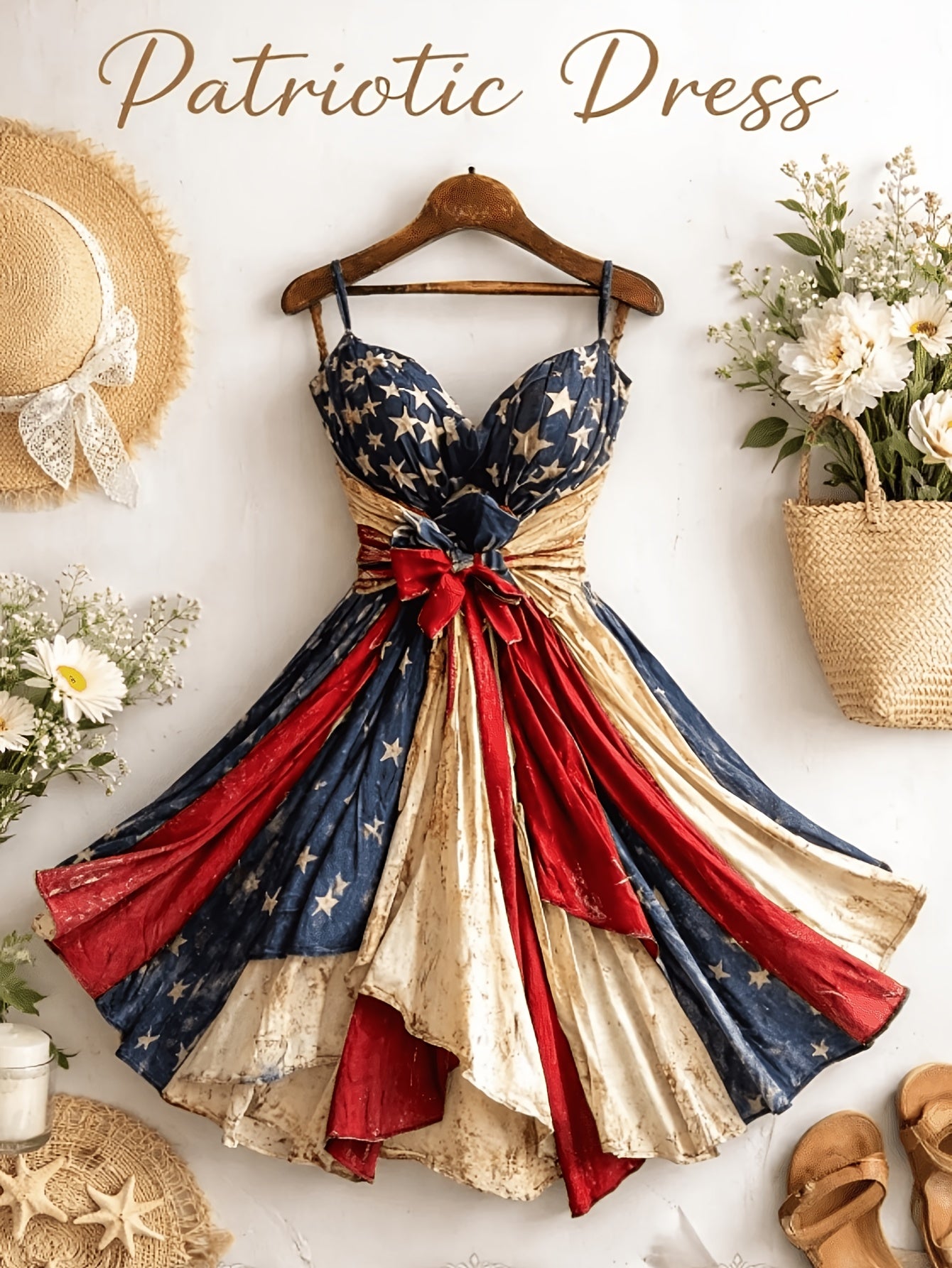 [Independence Day Style] Women's Retro Independence Day Style Camisole V-Neck Padded A-Line Waist Belted Fashion Dress