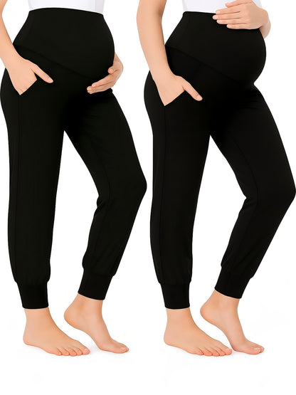 2pcs Women's Maternity High-Waisted Stretchy Pants - 95% Rayon 5% Spandex Tummy Control Elastic Waistband, 7/8 Length with Pockets for Running, Lounge & Postpartum - All-Season Comfort (Black & Grey), Maternity Pants, Pregnancy Clothing, Solid Color Pants