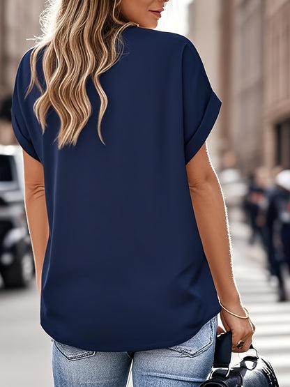 2025 Spring/Summer New Solid Color V-Neck Bat Women'S Short Sleeve Polo Collar Top Solid Color Women'S Shirt