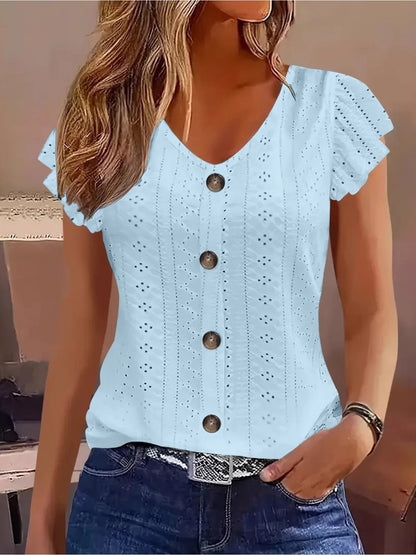 Women's Elegant V-Neck Ruffled Short Sleeve Top with Decorative Buttons, Casual Eyelet Embroidered Jacquard T-Shirt for Spring& Summer, Women's Clothing